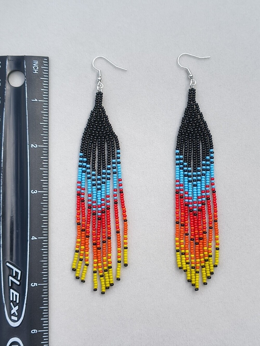 Native American Handmade Beaded Fringe Earrings Black Sunset Gradient - Picture 8 of 8